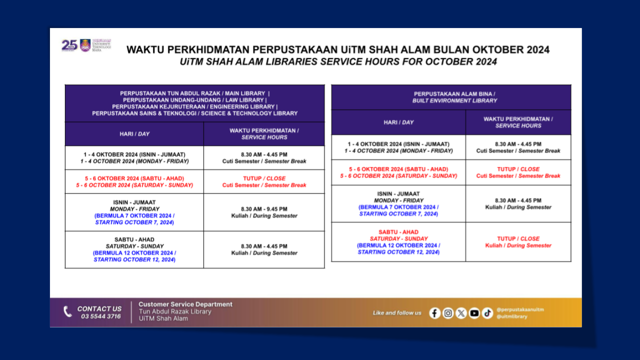 Notis Waktu Perkhidmatan PTAR : Bulan Oktober 2024